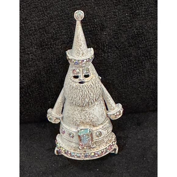 None Jewelry - Vintage White Santa Christmas Pin with Rhinestones Holiday Brooch CP125